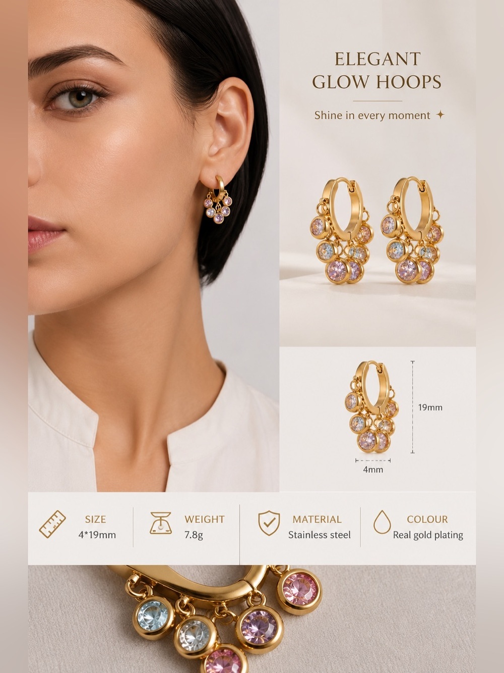 Crystal Charm Hoop Earrings – Gold Plated Stainless Steel - Picture 6 of 9